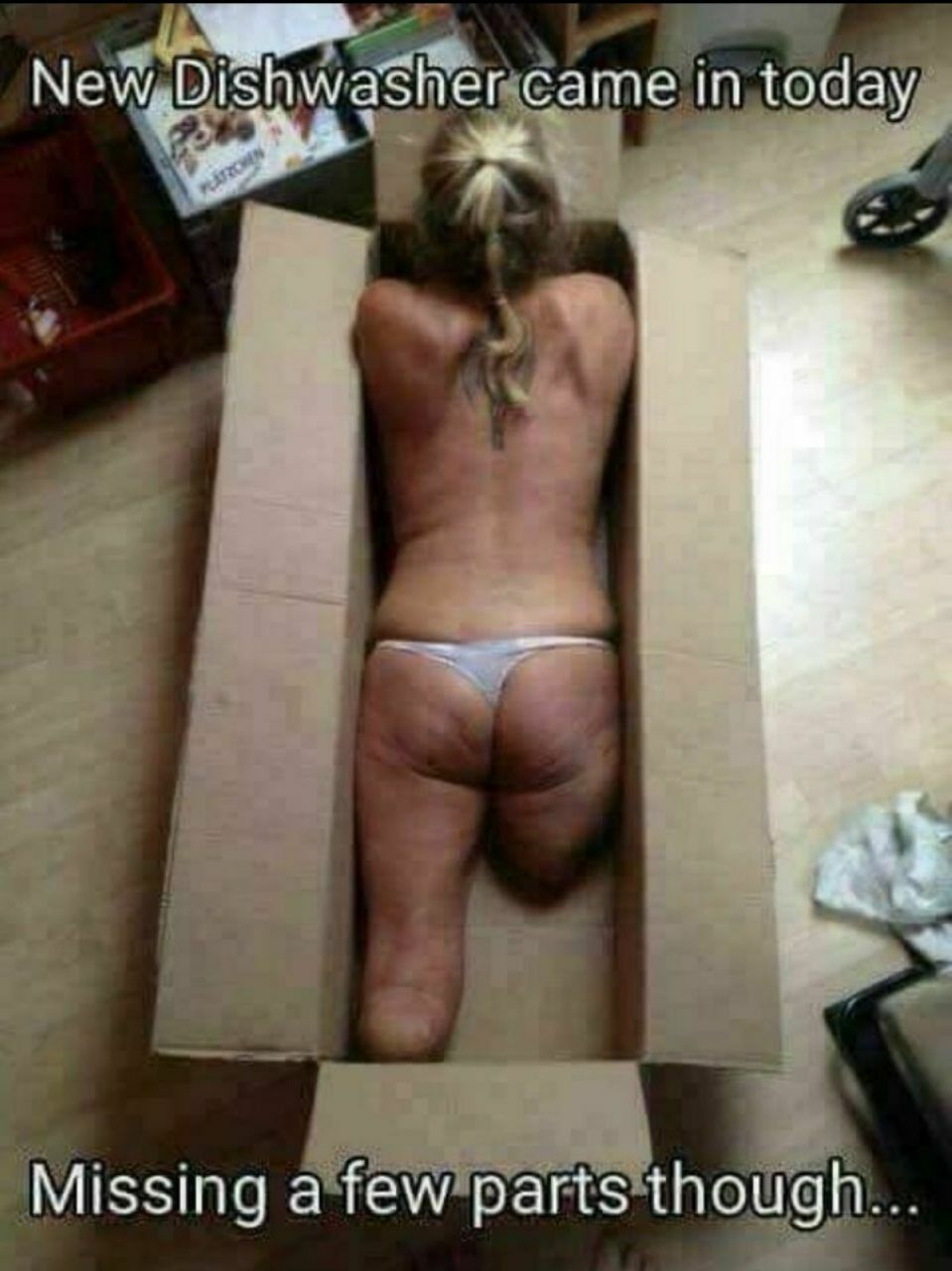 a woman in a box with a message on it